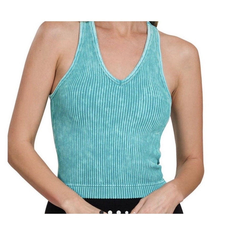 Zenana Women Ribbed Mineral Wash Racerback Tank Top V-Neck Seamless Crop L/XL